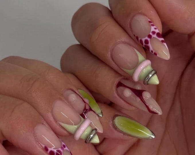Abstract 3D Chrome Press On Nails, Long Stiletto Y2K Handmade Nails, Pink And Green Party Acrylic Nails, Funky Cyberpunk Edgy Fake Nails