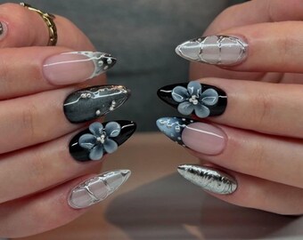 Silver 3D Flower Nails with Embossed Gel & French Tips | Medium Almond Gothic Y2K Press On Nails | Handmade False Nails