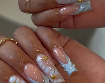 Baby Blue Blooming Press On Nails: 3D Gel Nail Art, Gold Beads, Handmade Blue French Nails, Long Square Nails