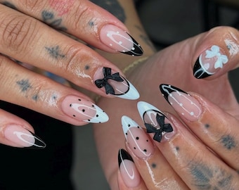 Ribbon Press On Nails: Almond, White French Tip, Black Design