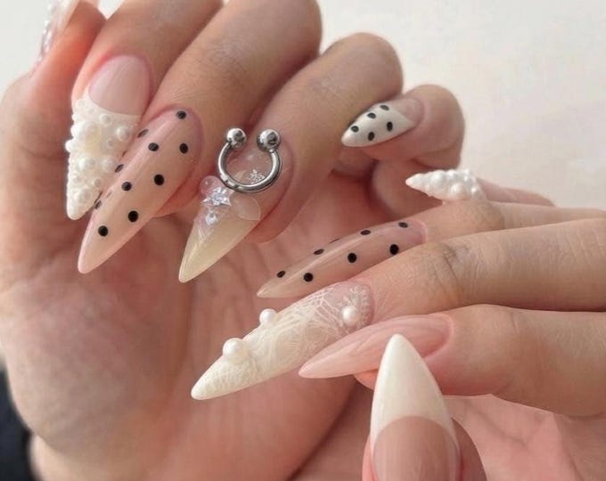 Pink Polka Dot Pearl Press On Nails Long Stiletto, Handmade Lace 3D Pearl Cluster Fake Set, Coquette Y2K Doll for Birthday Party