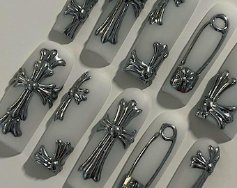 3D Cross Press On Nails: Matte Metallic Art, Custom Design