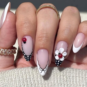 Ladybug Press On Nails: White French Polka Dot 3D Daisy - Handmade Luxury Nail Set