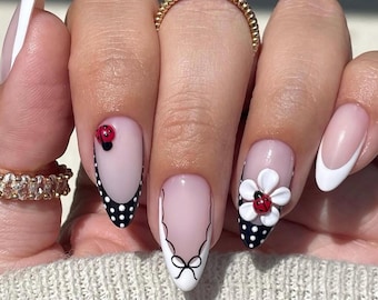 Ladybug Press On Nails: White French Polka Dot 3D Daisy - Handmade Luxury Nail Set