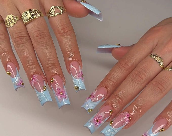 3D Floral Press On Nails: Baby Blue French Tip, Long Square Nail Set