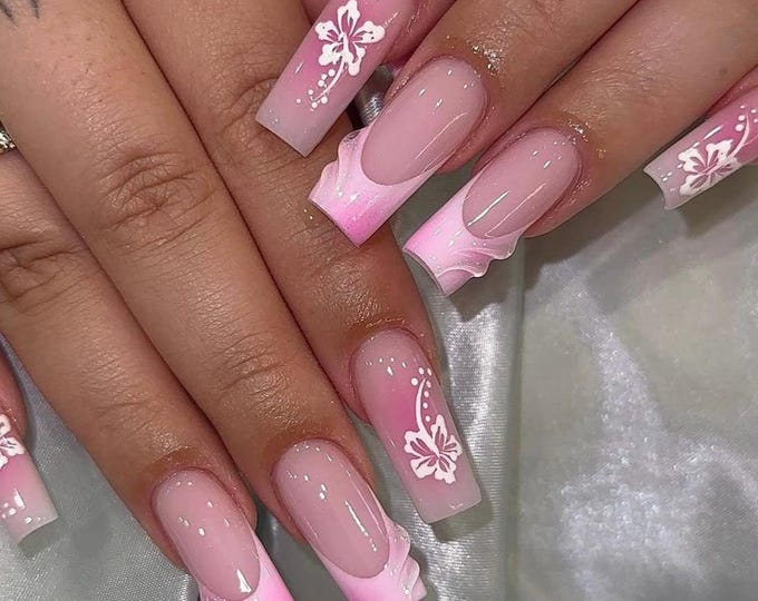 Pink Floral Press On Nails: Long Square Handmade Fake Nails