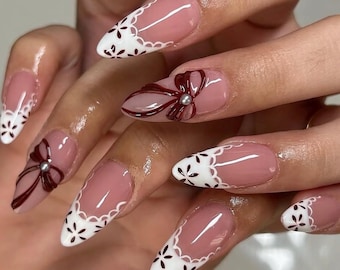 White Lace French Press On Nails | Burgundy Bow Nails | Elegant Winter Nails | Holiday Bridal Nails | Almond Handmade Fake Nails
