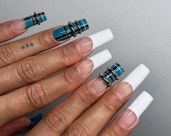 Blue Plaid Tartan Press On Nails Long Coffin, Handmade Preppy French Mismatched Fake Set, Y2K School Punk for Birthday Party