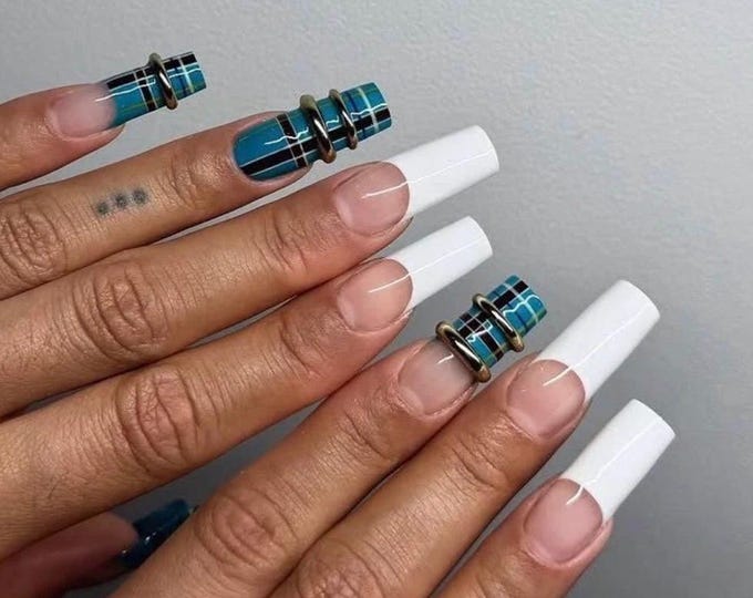 Blue Plaid Tartan Press On Nails Long Coffin, Handmade Preppy French Mismatched Fake Set, Y2K School Punk for Birthday Party