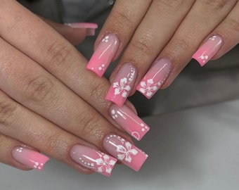 Handmade Pink Ombre Press On Nails: White Floral Nail Art