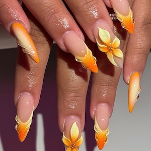 Sunset Ombre Press On Nails: 3D Floral Almond Nails
