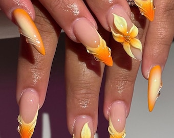 Sunset Ombre Press On Nails with 3D Flowers – Long Almond Butter Yellow & Orange Summer Fake Nails – Floral Boho Aesthetic Nails, Holiday