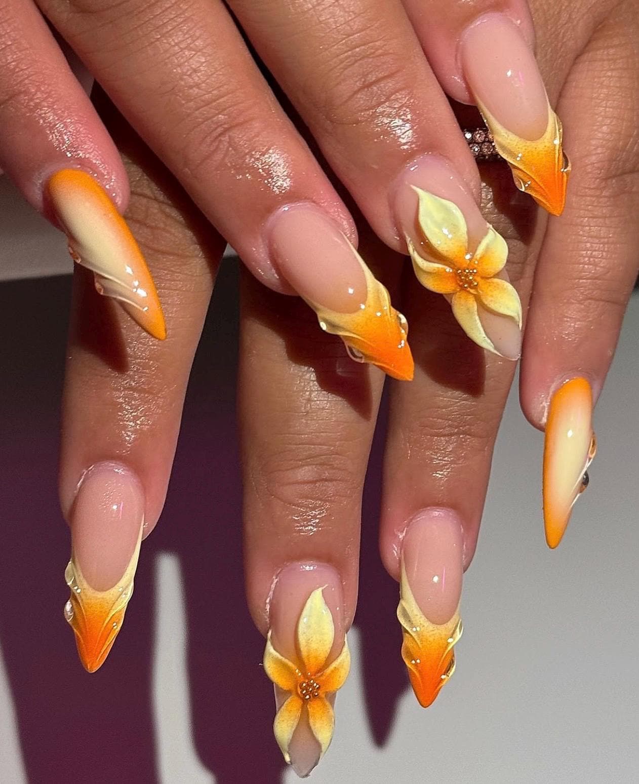Summery Orange Floral Nails That Shine