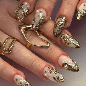 Royal Pearl Press On Nails: Gold Chrome, Long Almond, Handmade