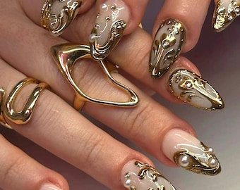 Royal Pearl Press On Nails: Gold Chrome, Long Almond, Handmade