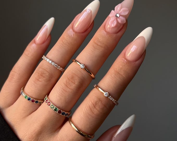 Milky French 3D Flower Press On Nails Long Almond | Handmade Pink Sculpted Floral Fake Set | Elegant Bridal Wedding | Gift for Her