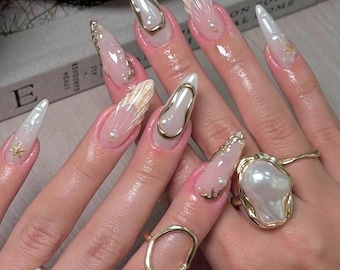 3D Mermaid Pearl Press On Nails: Luxury Gold Shell Stiletto - Bridal Ocean Design