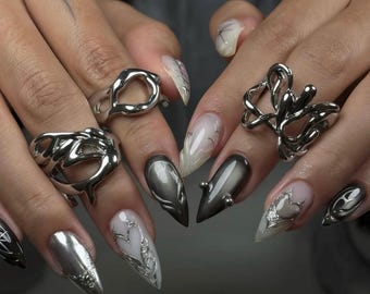 Gothic Chrome Press On Nails, Silver Metallic 3D Nail Art, Luxury Handmade Stiletto Nails, Y2K Cyber Goth Fake Nails, Medium Stiletto Nails