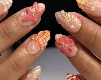 Mermaid Press On Nails: Almond Pearl, 3D Flower & Shell Nails for Summer Vacation
