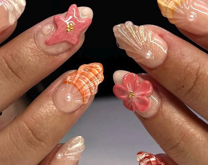 Mermaid Press On Nails: Almond Pearl, 3D Flower & Shell Nails for Summer Vacation