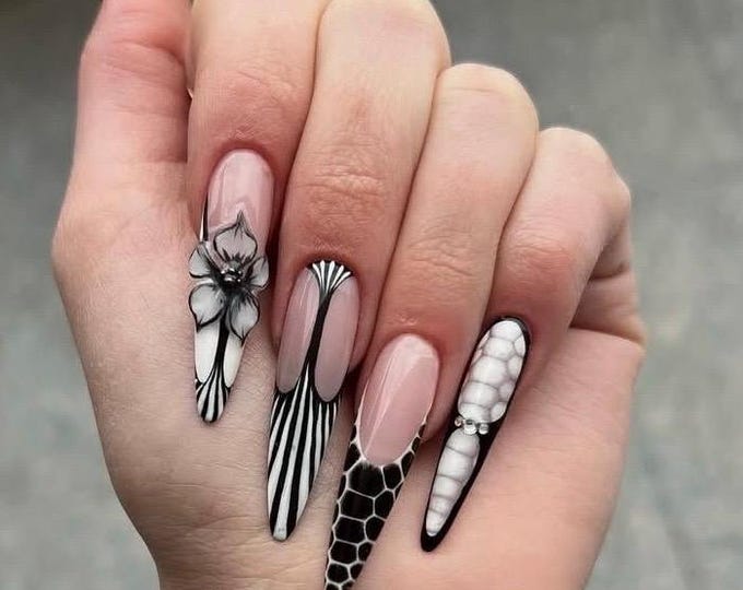 3D Flower Press On Nails | Long Stiletto, Gothic Nail Set