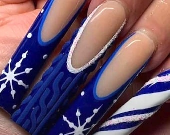 Blue Winter Snowflake Press On Nails • 3D Sweater Texture • Holiday Candy Cane Nails • Long Coffin Handmade Christmas Nail Set