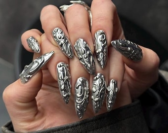Full Silver Chrome Nails with 3D Embossed Designs | Long Almond Gothic Y2K Press On Nails | Handmade False Nails, Fake False Nails