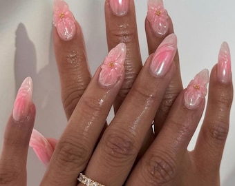 Pink Pearl Ombre Press On Nails: 3D Floral Handmade False Tips