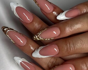 White French Press On Nails: Gold Chrome 3D Gel, Medium Almond