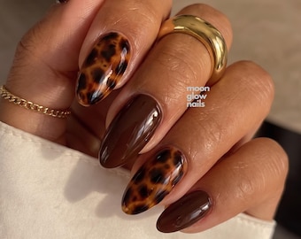 Amber Tortoise Shell Almond Press On Nails, Chocolate Brown Jelly Finish, Animal Print Design