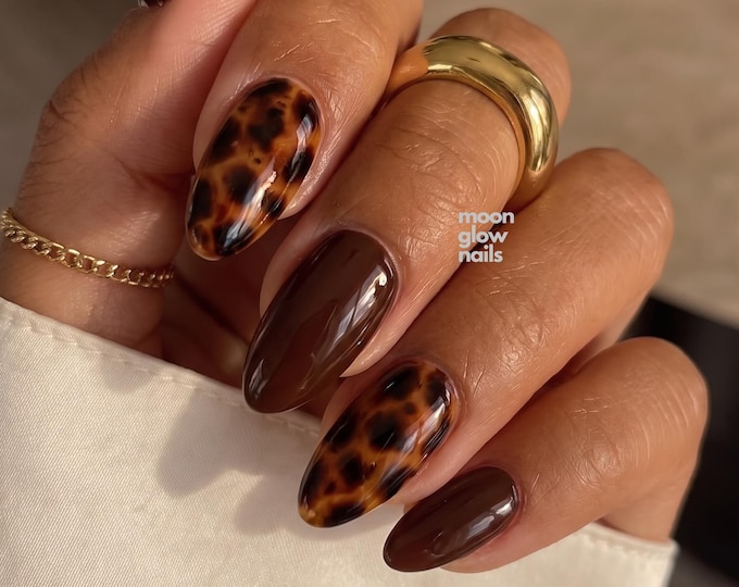 Amber Tortoise Shell Almond Press On Nails, Chocolate Brown Jelly Finish, Animal Print Design