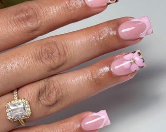 Pink Leopard Print Press On Nails: French Square Tip with 3D Flower