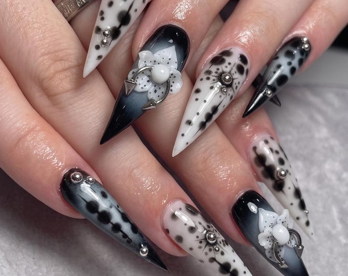 3D Gothic Flower Press On Nails, Long Stiletto Y2K Handmade Nails, Black And White Party Acrylic Nails, Edgy Silver Pierced Fake Nails