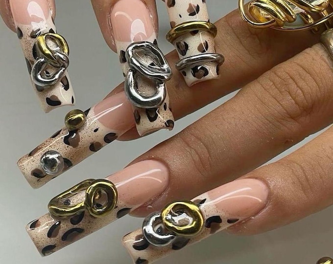 Leopard Print Press On Nails | Gold & Silver 3D Nail for Birthday Summer