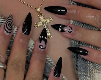 Gothic Black Cat Stiletto Press On Nails: Y2K Spiral Nail Art