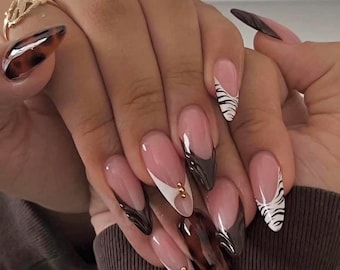 Almond Tortoise Shell Press On Nails | Brown & Nude French Tips with Zebra Accent | Gold Detail Elegant Nail Set | Handmade Luxury Nails