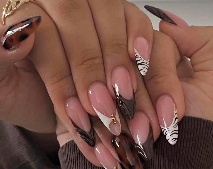 Handmade Almond Press On Nails | Tortoise Shell, Zebra French Tip