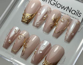 Luxury Pearl Gold 3D Nail Art Press On Nails – Elegant Nude French Nails with Rhinestones & Gold Details, Bridal, Vacation, Gift for Her