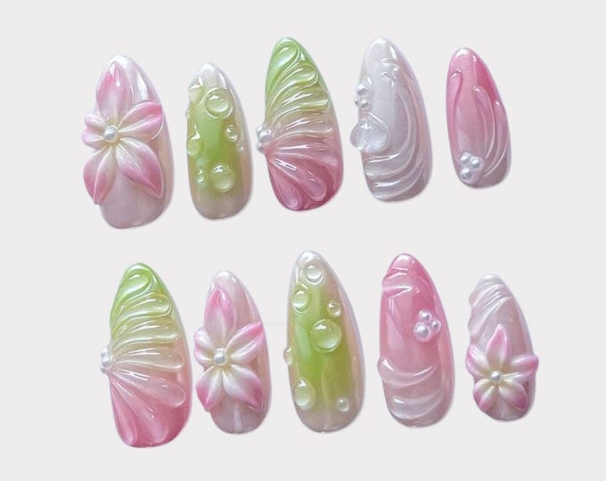 3D Floral Press on Nails: Pink Green Ombre, Hand-Painted Summer Almond Set