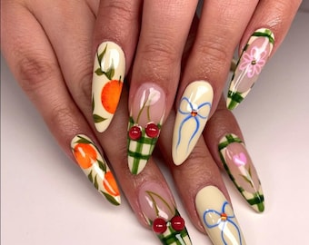 Cherry Floral Press On Nails: Handmade Fruit Nail Art with Ribbon