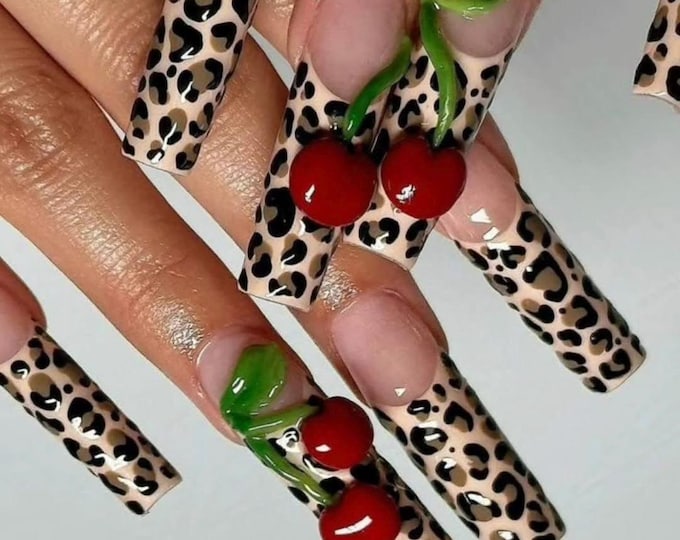 Leopard Print Cherry Press On Nails, 3D Summer Fake Nails