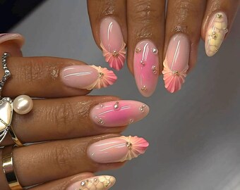 Buttery Yellow Press On Nails: Pink Ombre 3D Gel, Medium Almond Handmade Nail Set