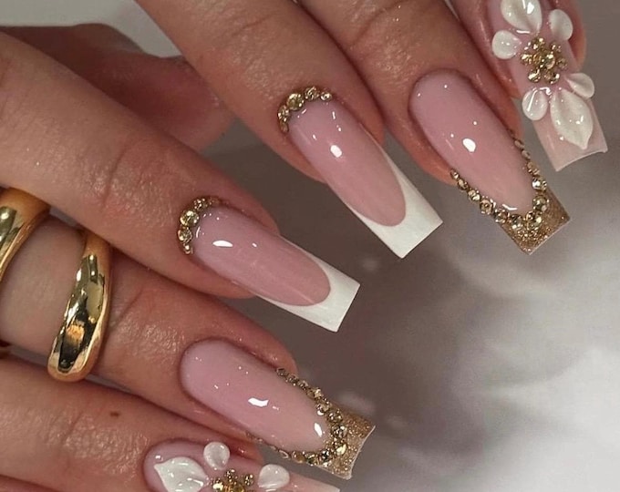 Luxury Bridal Press On Nails | 3D Flower French Tip Nails | Pink & White Gold Crystal Set | Wedding Glam Handmade