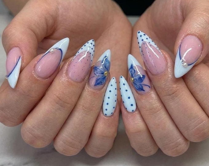 Blue White Floral French Press On Nails Long Almond | Handmade 3D Polka Dot Fake Set | Something Blue Bridal Wedding | Gift for Her