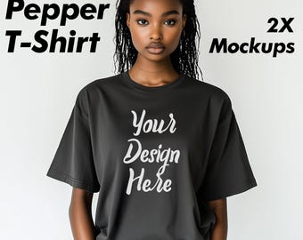 Pepper T-shirt Mockup Bundle (2 images), Black Model Mockup, Pepper Oversized T-shirt, African American Beautiful Young Woman