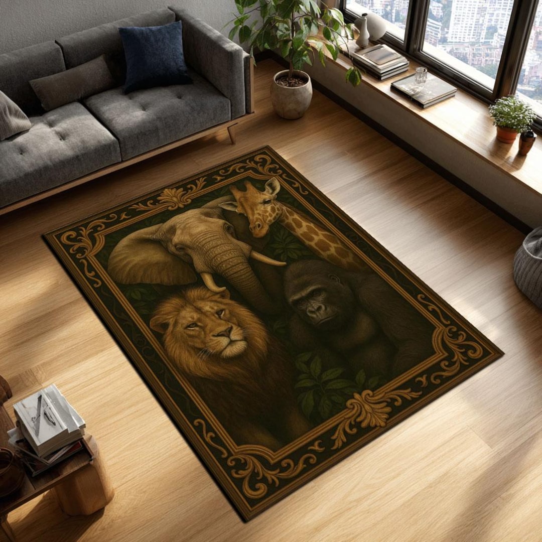 Safari Jungle Rug – Lion Elephant Giraffe Gorilla Design, Wildlife ...