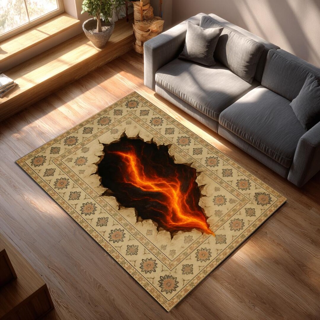 Balcanic Rug Lava Crack Illusion Rug – Photorealistic Fiery 3D Effect, Torn Fabric ...