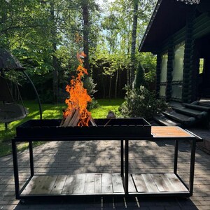 Outdoor Grill Station with Ceramic Tile and Wood Shelves