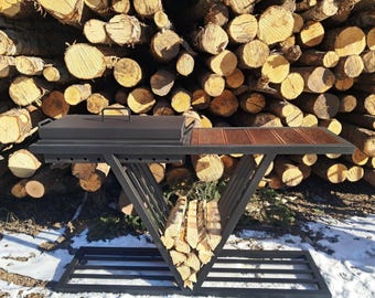 Loft-Style Grill with Wooden Side Table | Handmade | 6mm Steel & Larch Wood