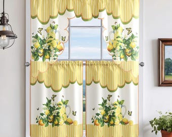 3pcs Yellow Mediterranean Lemon, Green Lime, Printed Curtains Set - Living Room, Kitchen, Light-Filtering, Spring Vibrance Curtain Set